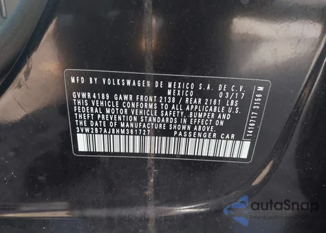 2017 Volkswagen Jetta 1.4T S z USA, uszkodzony, nr VIN 3VW2B7AJ8HM361727